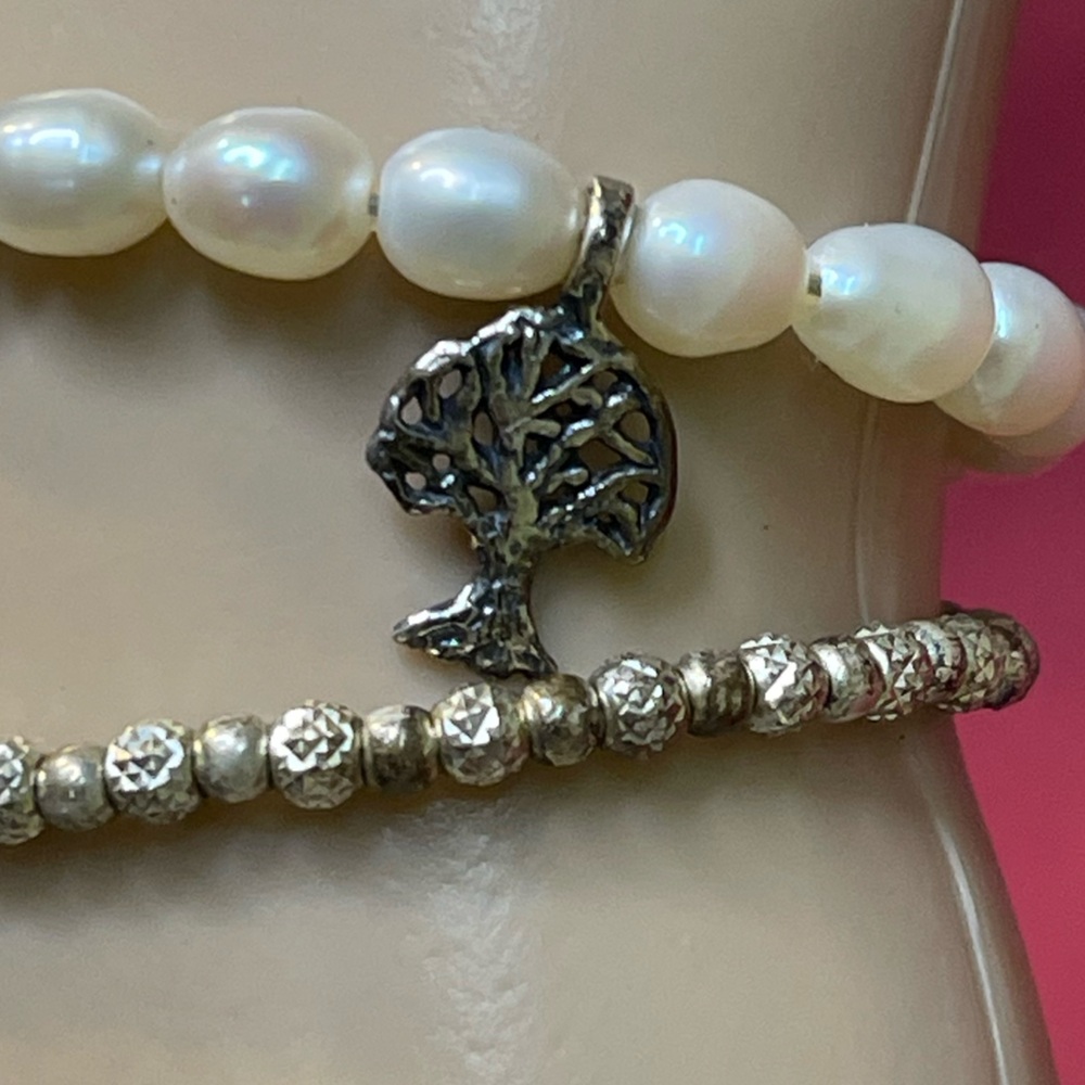Sterling Silver Pearl Adjustable Tree Of Life Double Strand Bracelet From Israel